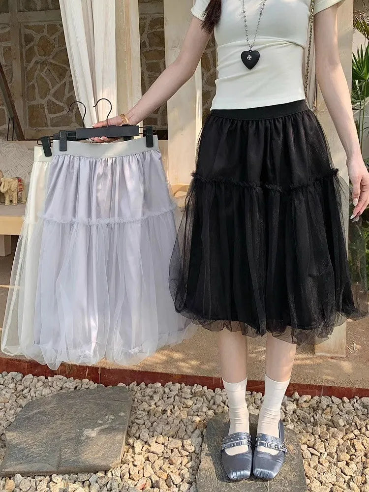 Elegant Solid A-line Splice Mesh Skirts for Women 2025 Fashion Korean Fashion Elastic Waist Black Tulle Saia Feminina