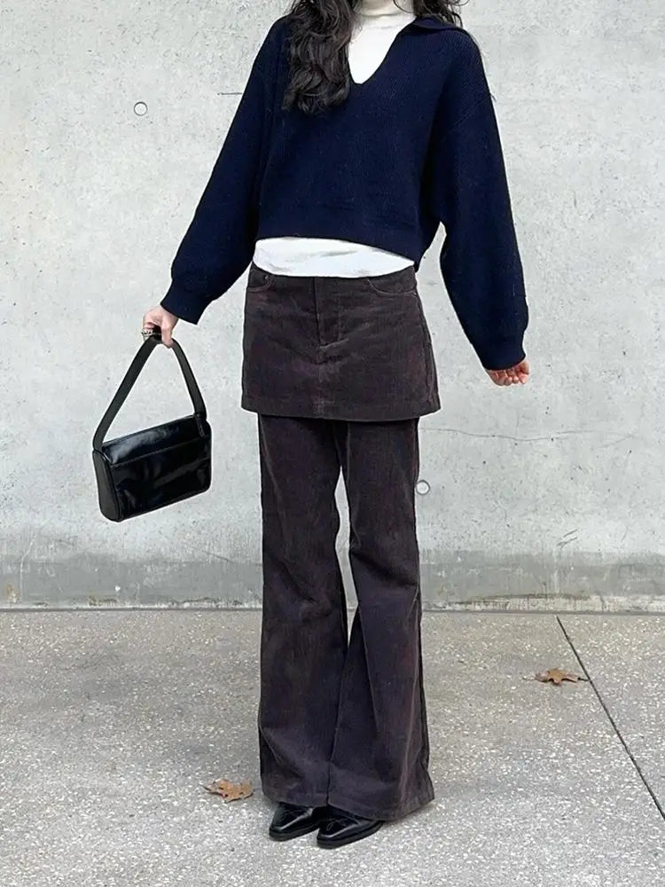 Design Sense Stacked Corduroy Skirt Pants Women's Fake Two Piece Micro Horn Floor Pulling Pants