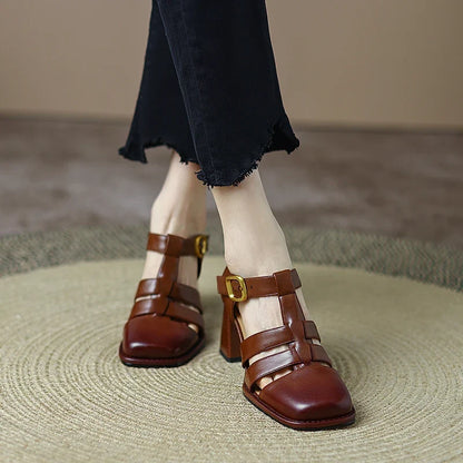 Summer Shoes Women Square Toe Cover Heel Gladiator Modern Sandals Pu Leather Chunky Heel High Heels Roman Women Sandals