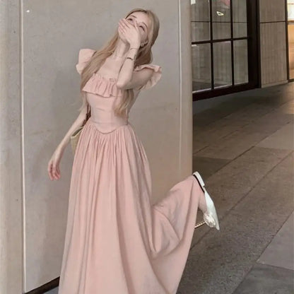 Sweet Gentle Square Neck Dress Summer New Temperament Waist-sharp Mid-length Dress