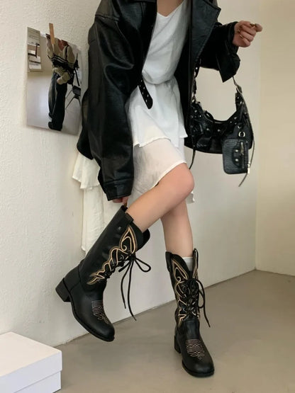 Retro Butterfly Embroidery Wedges Ankle Boots Women Fashion Rivet Sewing Lace Up Mid Calf Boots Luxury Cozy Brand Designer Boots