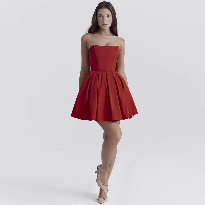 Strapless Corset Panel Pleated Fit and Flare Mini Dress