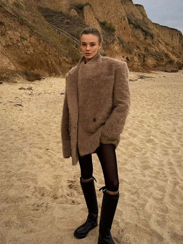 Retro Solid Color Long Sleeved Lapel Women's Coat Fashion Pocket Double Breasted Jacket Autumn High Street Ladies Outerwear