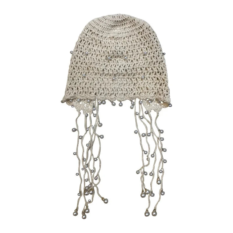 Japanese Spring Summer Handmade Crochet Knitted Hat Hollow Retro Fringed Pearl Sunscreen Hat Fashion Breathable Court Beanie Cap