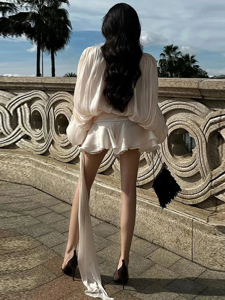 Keyhole Tie Neck Pleated Bishop Sleeve Tiered Ruffle Skirt Set