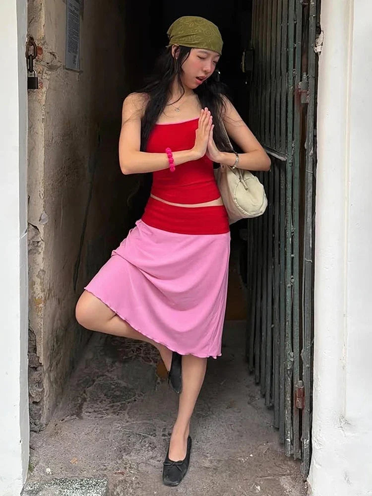 Low-Neck Fit Camisole+Patchwork Elastic Waist Skirt Summer Vacation Color Blocking 2-Piece Set Women Street Streetwear