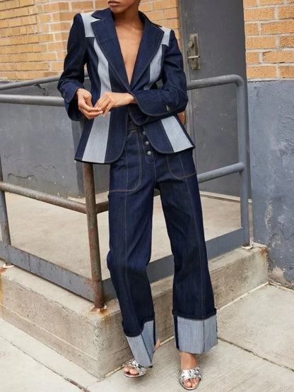 Female Straight Leg Jeans New Autumn Fashion Patchwork Imitation Denim High Waisted Casual Trousers Bottoms