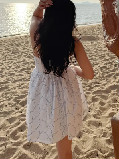Summer Elegant Embroidery Sling Mini Dress For Women Holiday Sleeveless Backless V-Neck Pocket Side Zipper Causal Dresses