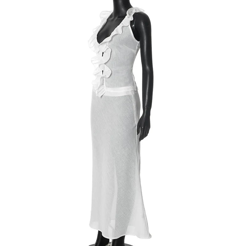 Sets For Women 2 Pieces Ruffes Tank Top Low Rise A-Line Long Skirt See Through French Outfit Summer Clothes For Female