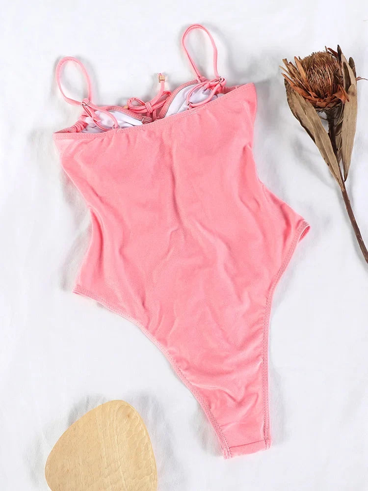 Sexy One Piece Suits String Swimsuit Women 2024 Hollow Out Swimwear Bandage Bathing Suit Pink Monokini High Cut Beachwear Summer