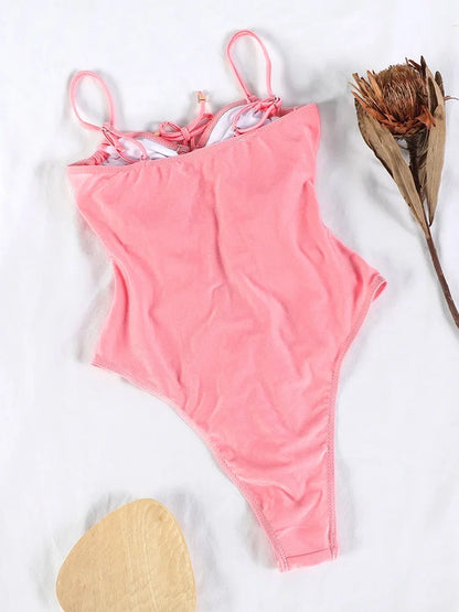 Sexy One Piece Suits String Swimsuit Women 2024 Hollow Out Swimwear Bandage Bathing Suit Pink Monokini High Cut Beachwear Summer