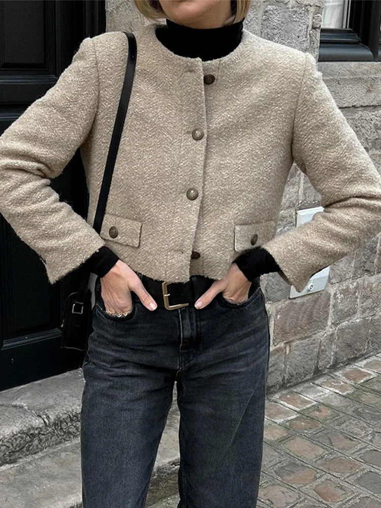 Retro Single-Breasted Short Tweed Coats Women Elegant Slim Fit Solid O-neck Pockets Jackets Autumn Casual Chic Street Outwear