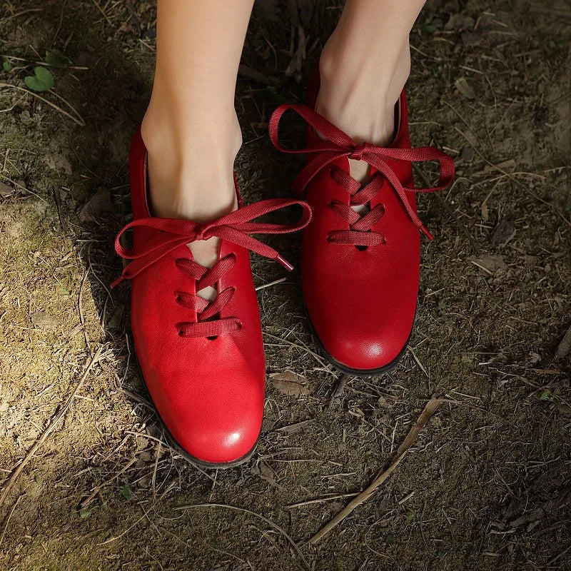 Women Basic Flats Real Leather Comfort Flats Round Toe Woman Lace-Up Daily Flats British Style Cowhide Retro Oxfords