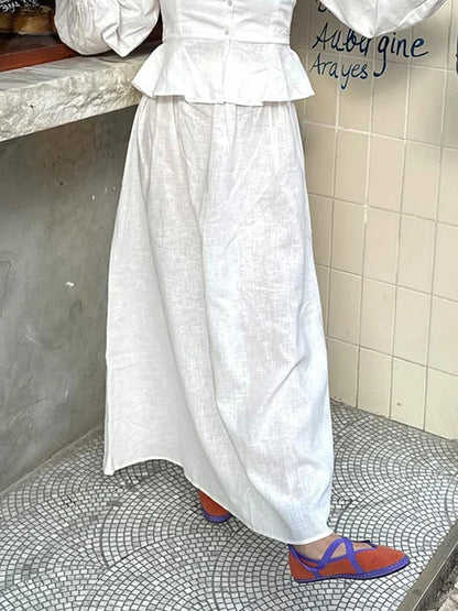 Skirts Set for Women 2 Pieces Lantern Sleeve Blouse Skirt Suit White Square Collar Button Shirts Long Skirts 2024 Summer Outfit