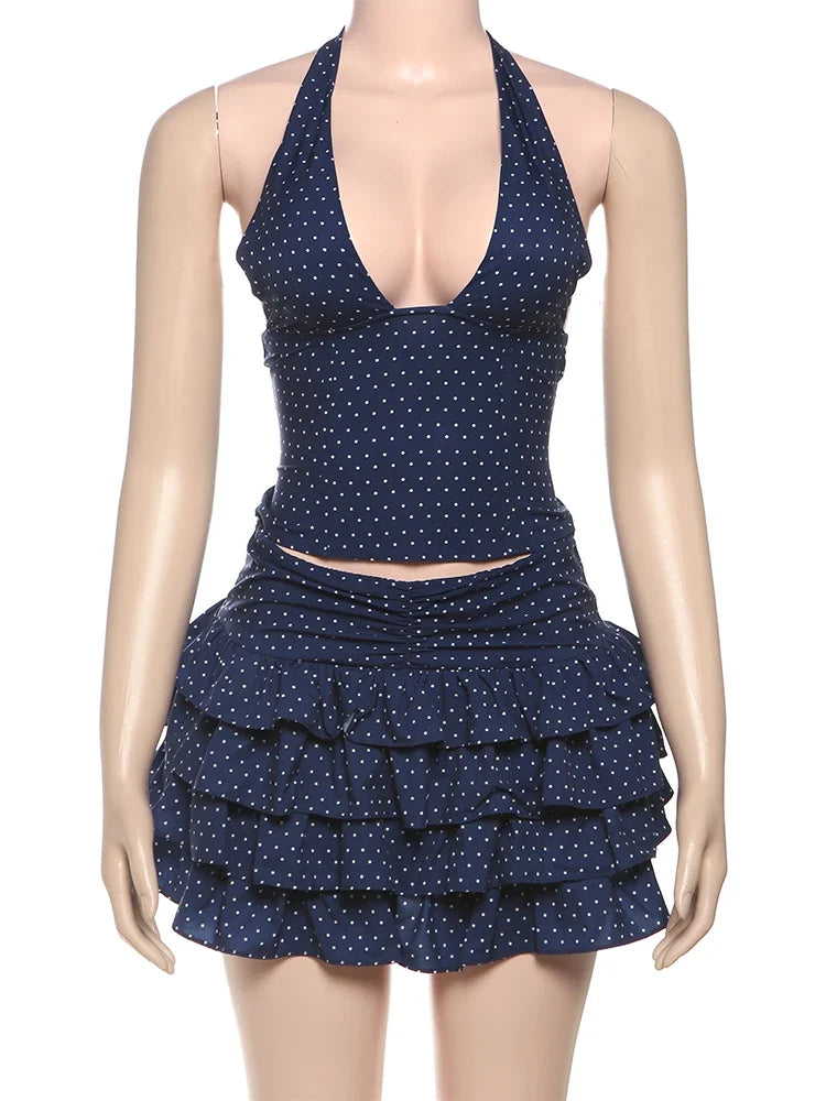Low-Neck Polka Dots Women Two-Piece Set Halter Sleeveless Backless Mini Top+Multi-Layered Ruffles Sweet Bottoms Suits
