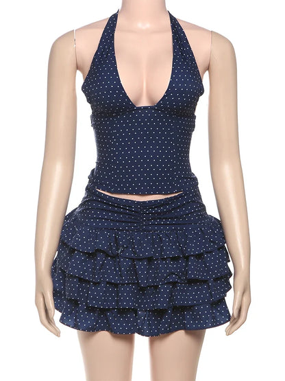 Low-Neck Polka Dots Women Two-Piece Set Halter Sleeveless Backless Mini Top+Multi-Layered Ruffles Sweet Bottoms Suits