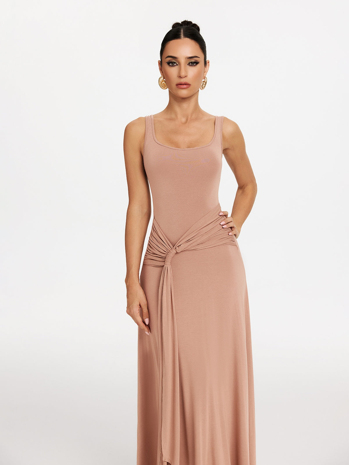 Scoop Neck Tank Strap Hip Knot Draped Sash Maxi Dress