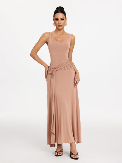 Scoop Neck Tank Strap Hip Knot Draped Sash Maxi Dress