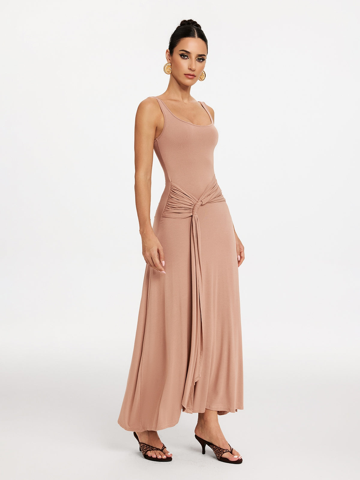 Scoop Neck Tank Strap Hip Knot Draped Sash Maxi Dress
