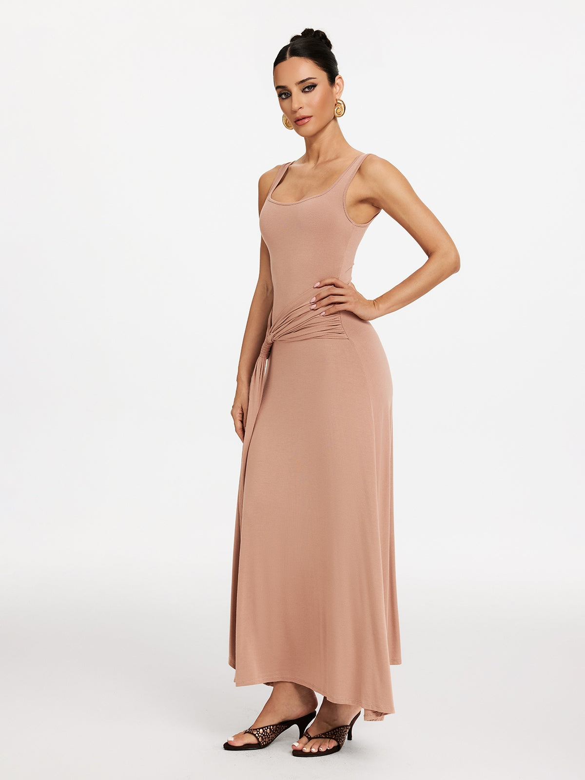 Scoop Neck Tank Strap Hip Knot Draped Sash Maxi Dress