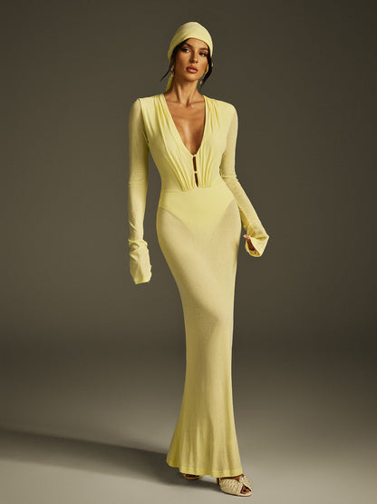 Deep V-Neck Long Sleeve Ruched Gathered Waist Headscarf Maxi Dress