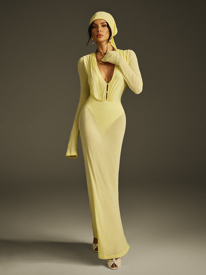Deep V-Neck Long Sleeve Ruched Gathered Waist Headscarf Maxi Dress