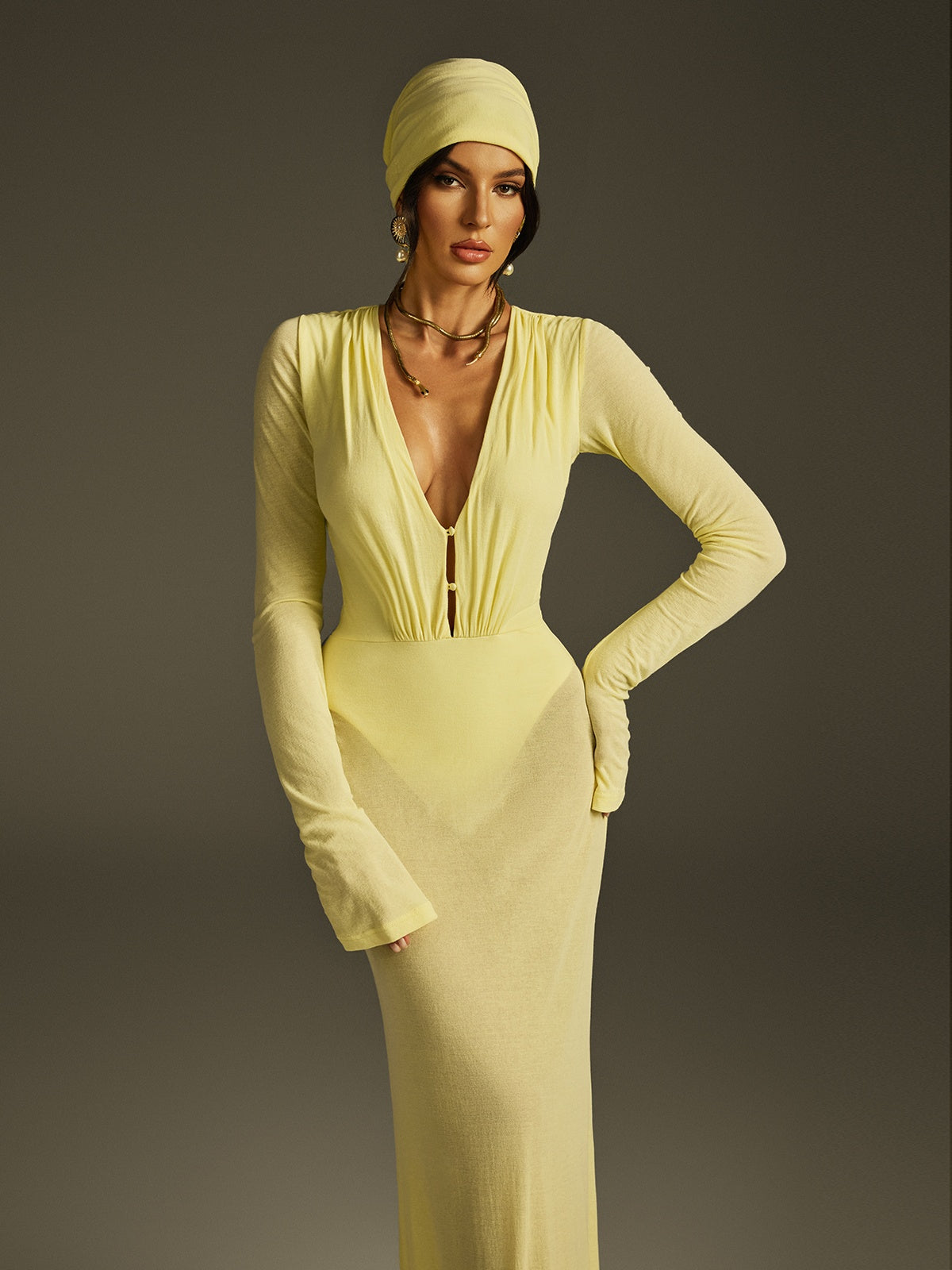 Deep V-Neck Long Sleeve Ruched Gathered Waist Headscarf Maxi Dress