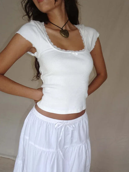 Lace Trim Knitted Cottage Baby Tee Crop Top