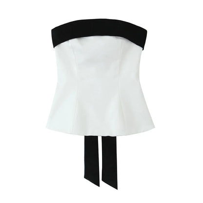 New In Women's Patchwork Velvet Strapless Bustier Tops Straight Neck Side Zipper Bow Camis Female Sexy Fashion Party Wrap Tanks