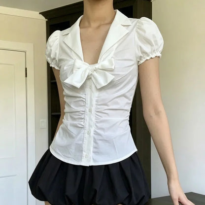 Temperament Preppy Style Bow V Neck Puff Short Sleeve Women's Blouse Y2k Aesthetic Harajuku Pleated Casual Shirts Spice Clothes