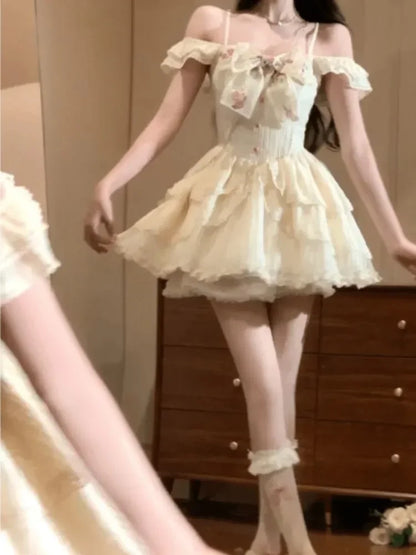 Summer Sweet Fairy Dress For Women Elegant Lolita Bow Ruffles Princess Dresses Girl Sleeveless Birthday Party Mini Dress