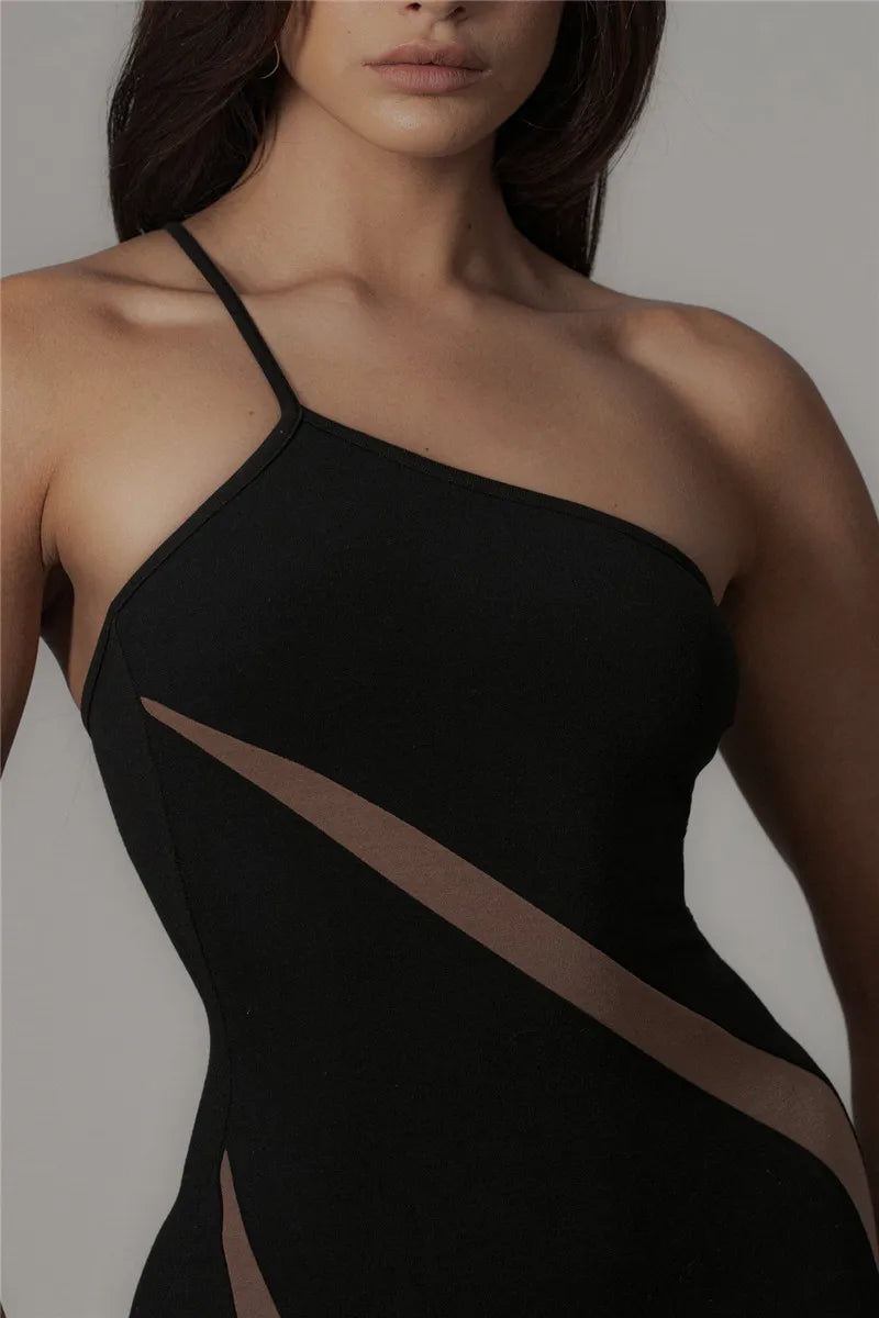 One Shoulder Mesh Panel Patchwork Maxi Dress