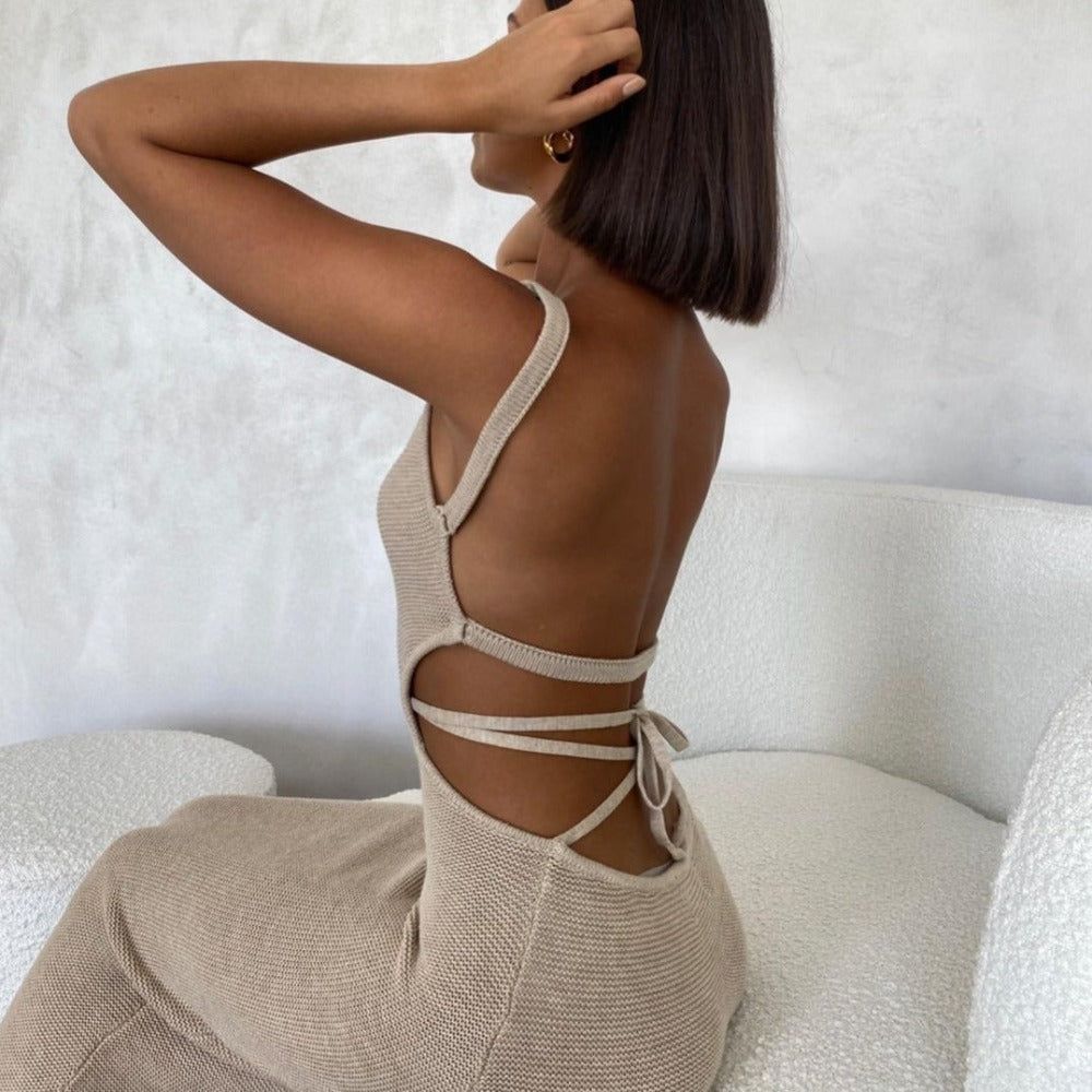 Rib Knit Backless Multi-Strap Tie Back Side Cutout Bodycon Midi Dress