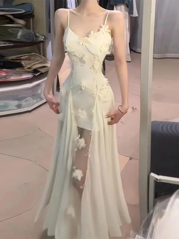 Unique Beautiful 3D Flower Lace Strapless Long Dress Women's Summer Fashion Waist Cinched Gown Holiday Style Citywalk Dress