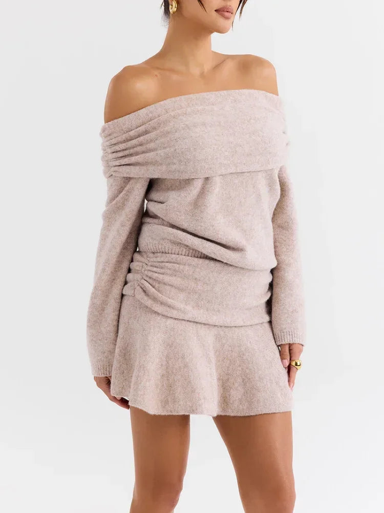 Elegant Solid Color Cashmere Women's Mini Skirt Suits One Neck Off Shoulder Long Sleeved Sweater Sets Lady High Street Outfits