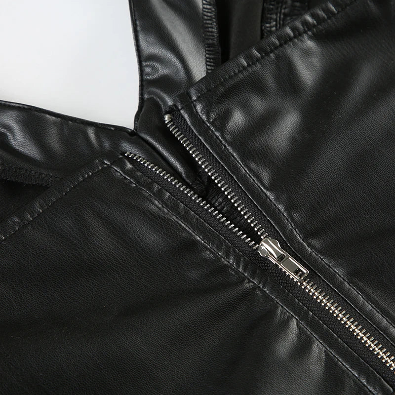 Gothic Halter V-neck Faux Leather Vest Y2K Backless Zipper Black Slim Crop Top Punk Style Women Sexy Tank Camis 90s