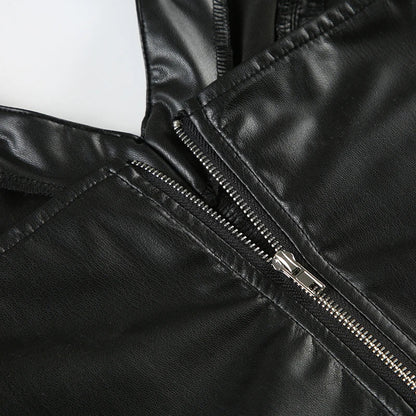 Gothic Halter V-neck Faux Leather Vest Y2K Backless Zipper Black Slim Crop Top Punk Style Women Sexy Tank Camis 90s