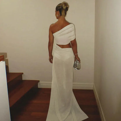 One Shoulder Mesh Draped Crop Top High Slit Maxi Skirt Set