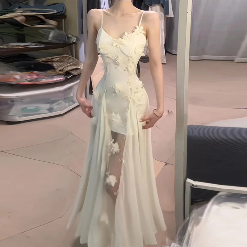 Unique Beautiful 3D Flower Lace Strapless Long Dress Women's Summer Fashion Waist Cinched Gown Holiday Style Citywalk Dress