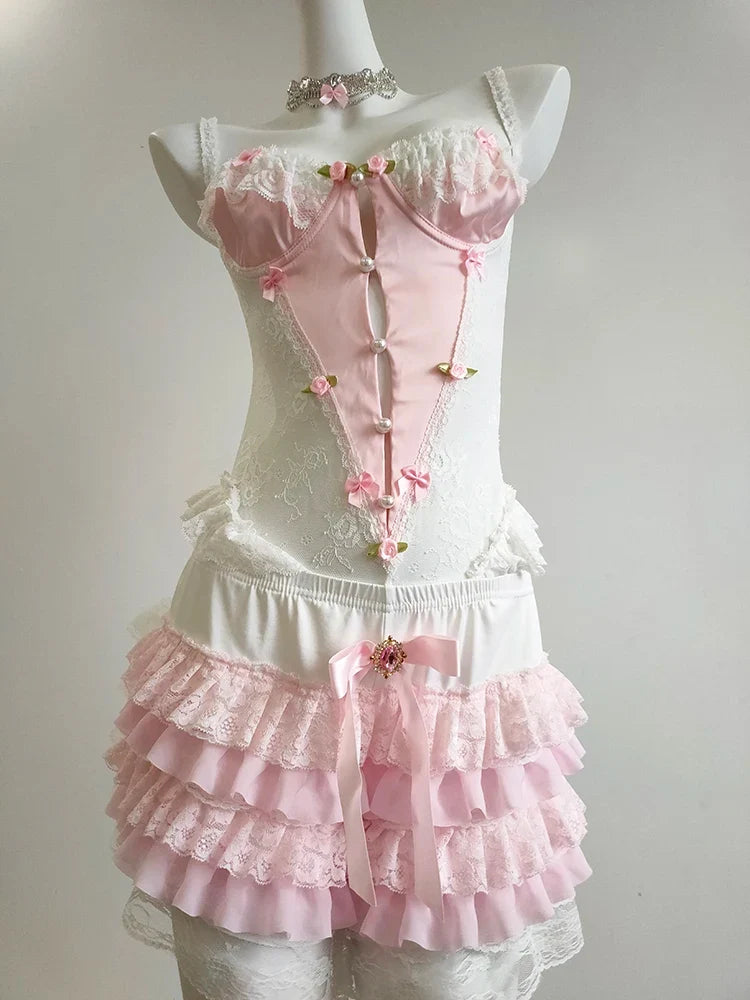 Sweet Bodysuits Women Floral Bows Decoration Mesh Patchwork Lace Trim Hollow Out Backless Bottoming Tops Cute Tee Kawaii Clothes