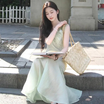 Ruffled V-neck Holiday Dress Fairy Green Yarn Patchwork Vestidos Summer Beading Sleeveless Slim Long Dresses Thin Z305