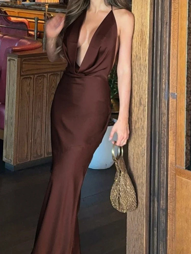 Women's Evening Gown Deep V Neck Halter Sexy Maxi Dress Solid Color Summer Sleeveless Backless Slim Fit Party Long Dress