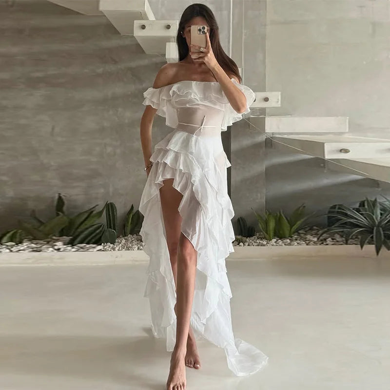 Chic Ruffle Backless Dress Women Slash Neck Sleeveless Lace Up Irregular Hem Floor-length Dresses Female 2025 Spring Lady Robe