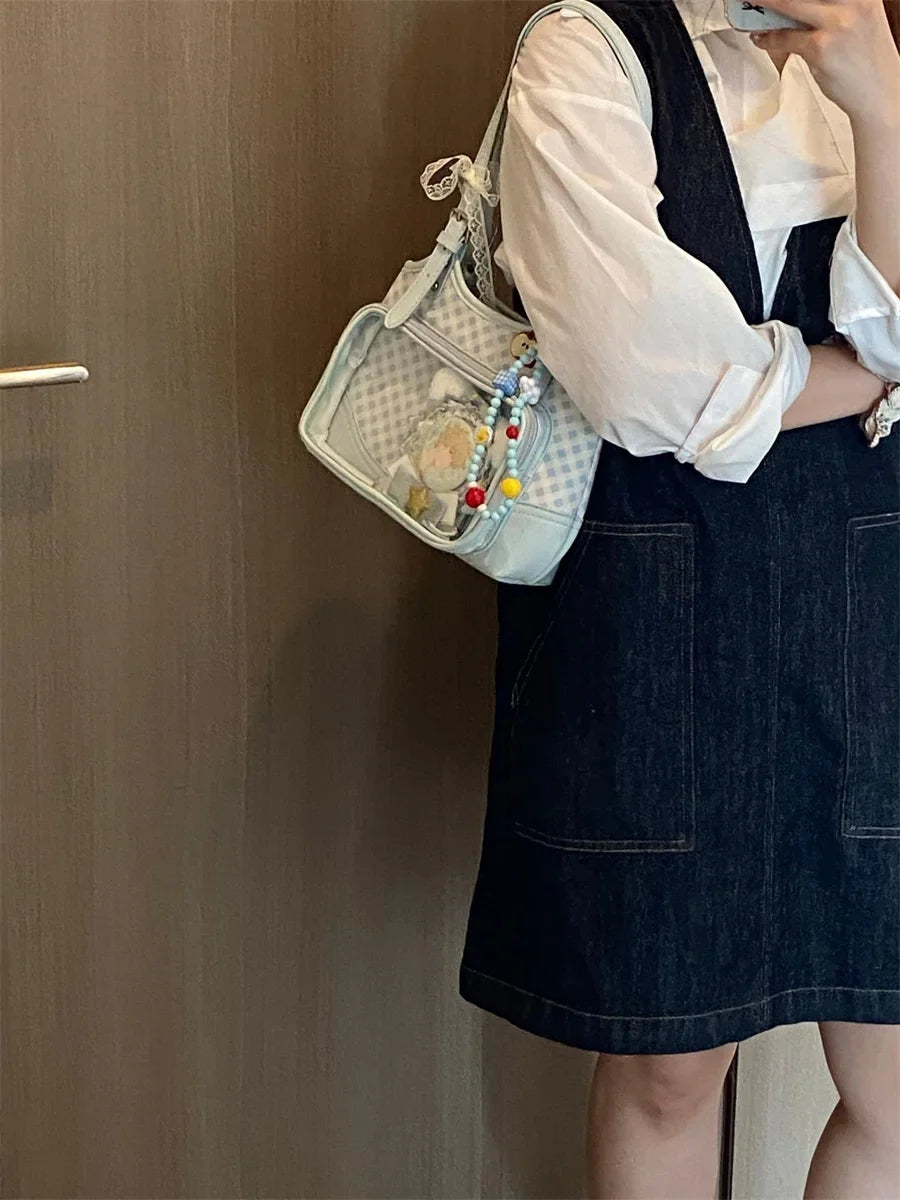 Original Lolita Sky Blue Plaid Small Capacity Transparent Pain Bag 10cm Baby Bag Daily Commuting Class Portable Shoulder Bag