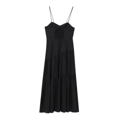 Women's Commuter Retro Dress Summer New Black Suspender Multi-layered Stitching Beach Holiday Dress Sexy V-neck Casual Fashion