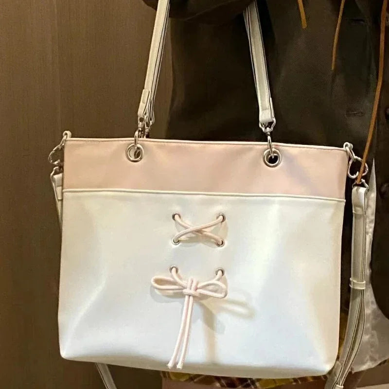 Y2k Aesthetic Contrast Color Casual Women Handbags Streetwear Patchwork Sweet Bow Shoulder Bags Fashion Chic Casual Underarm Bag