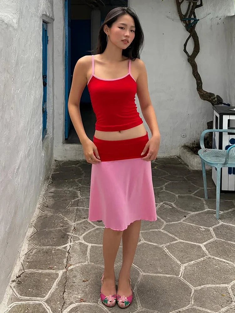 Low-Neck Fit Camisole+Patchwork Elastic Waist Skirt Summer Vacation Color Blocking 2-Piece Set Women Street Streetwear