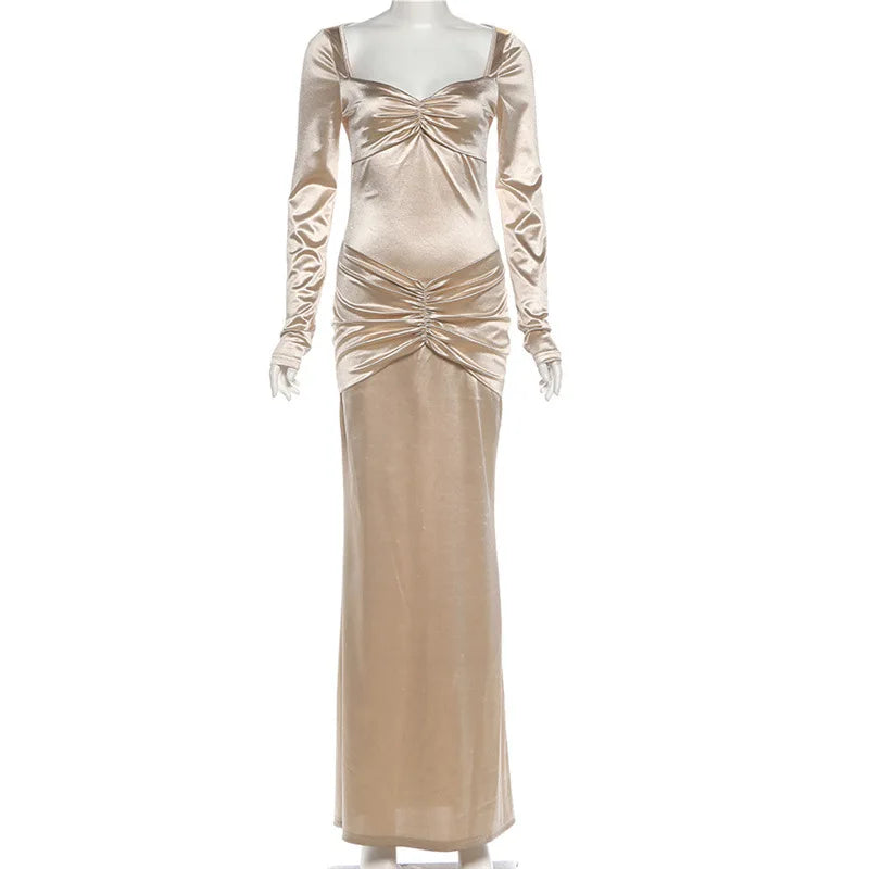 Women Elegant Satin Ruched Bodycon Maxi Party Dress Sexy Strapless Full Sleeve Back Split Evening Gown Birthday Long Robe