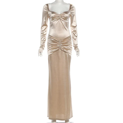 Women Elegant Satin Ruched Bodycon Maxi Party Dress Sexy Strapless Full Sleeve Back Split Evening Gown Birthday Long Robe