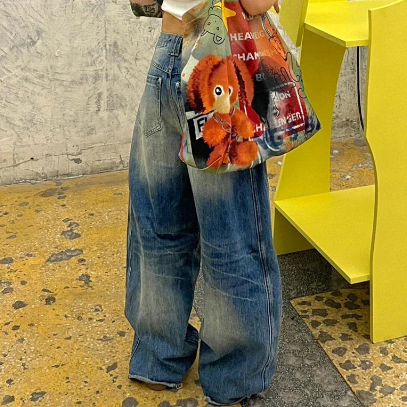 Vintage Oversized Blue Jeans Woman Y2k Casual America Retro Baggy Denim Pants Basic Harajuku Wide Leg Trousers Summer